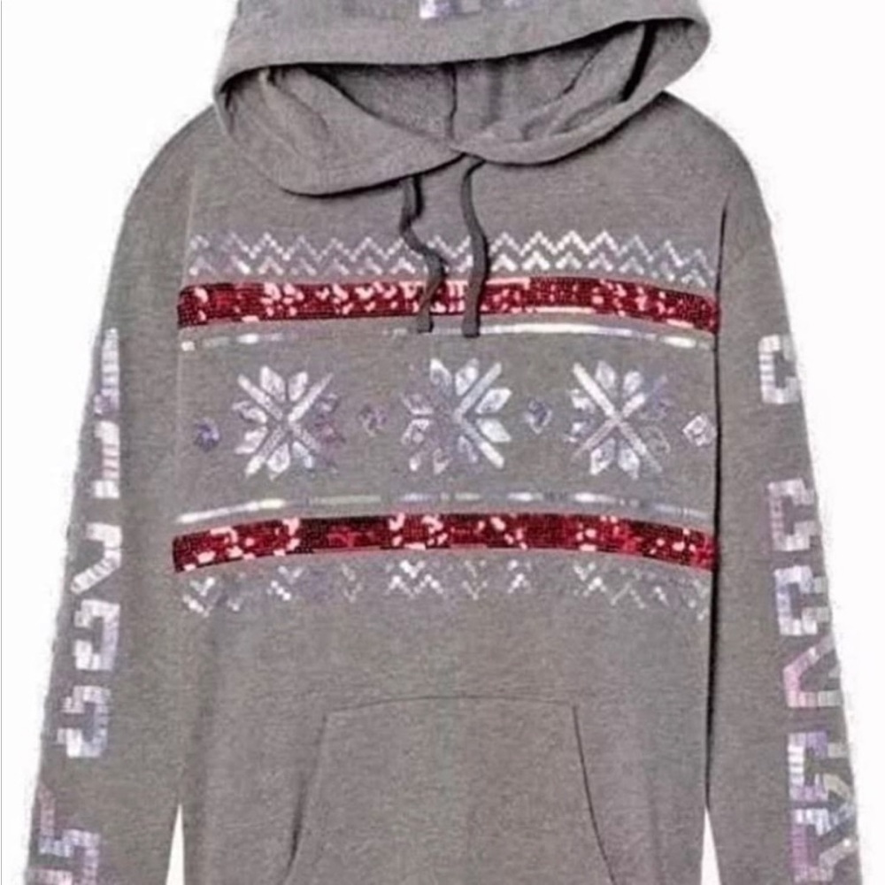 Victoria’s Secret Pink Rare Grey Fair Isle Holiday Bling Campus Pullover Hoodie